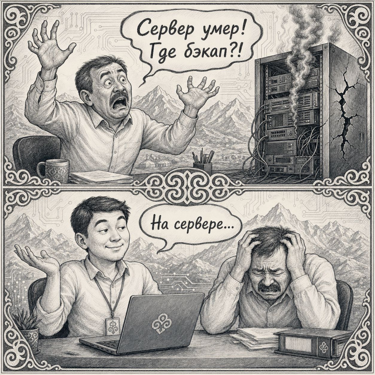 Comic: “The server died! Where’s the backup?!” — “On the server…”